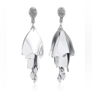 Oscar de la Renta Large Silver Impatiens Flower Drop Earrings